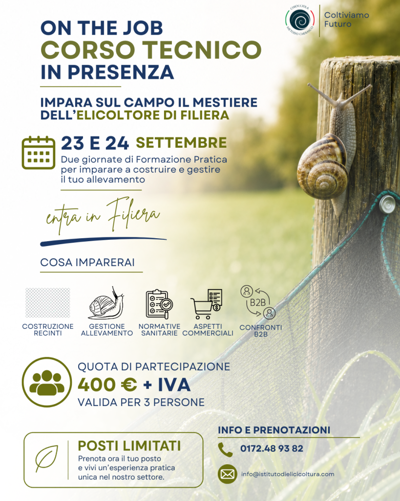 Locandina del Corso tecnico On the Job in presenza del 23 e 24 settembre 2026: costruzione dei recinti, gestione dell’allevamento, normative sanitarie, aspetti commerciali e confronti B2B.