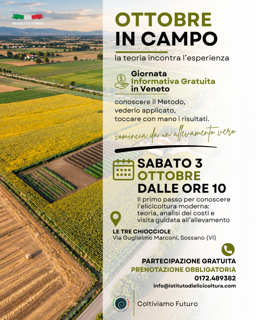 Locandina della Giornata Informativa gratuita in Veneto, sabato 3 ottobre 2026 dalle 10 alle Tre Chiocciole di Sossano (VI).